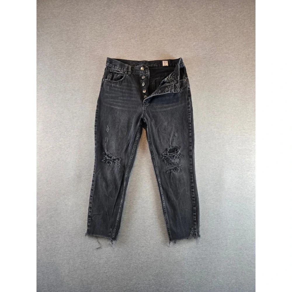 Free People Blossom Rigid Skinny Jeans Women 30 Black Distressed Cropped Raw Hem